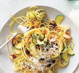 Spaghetti with Zucchini, Walnuts & Raisins